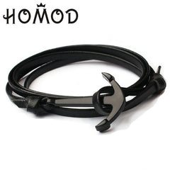 HOMOD 2019 New Fashion Black Color Anchor Bracelets Men Charm Survival Rope Chain Paracord Bracelet Male Wrap Metal Sport Hooks